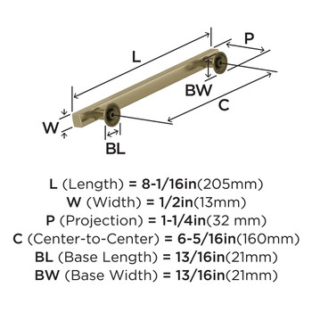 Amerock, Everett, 6 5/16" (160mm) Bar Pull, Golden Champagne - technical