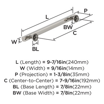 Amerock, Everett, 7 9/16" (192mm) Bar Pull, Polished Nickel - technical