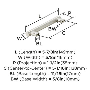 Amerock, Bronx, 5 1/16" (128mm) Bar Pull, Satin Nickel - technical