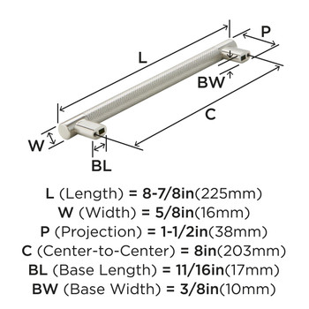 Amerock, Bronx, 8" (203mm) Bar Pull, Satin Nickel - technical