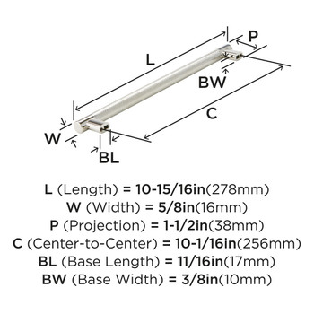 Amerock, Bronx, 10 1/16" (256mm) Bar Pull, Polished Nickel - technical