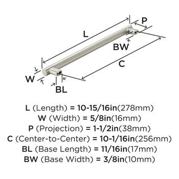 Amerock, Bronx, 10 1/16" (256mm) Bar Pull, Satin Nickel - technical