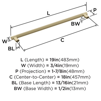 Amerock, Bronx, 18" Bar Appliance Pull, Golden Champagne - technical