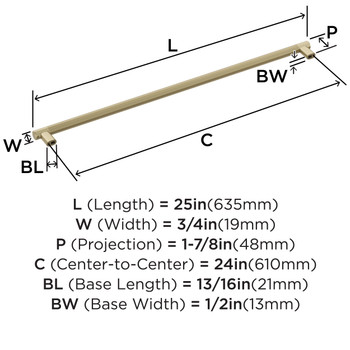 Amerock, Bronx, 24" Bar Appliance Pull, Golden Champagne - technical