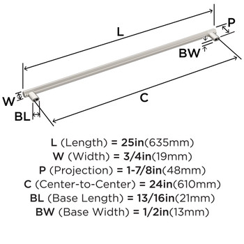 Amerock, Bronx, 24" Bar Appliance Pull, Polished Nickel - technical