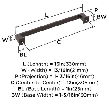 Amerock, Appoint, 12" (305mm) Straight Appliance Pull, Oil Rubbed Bronze - technical