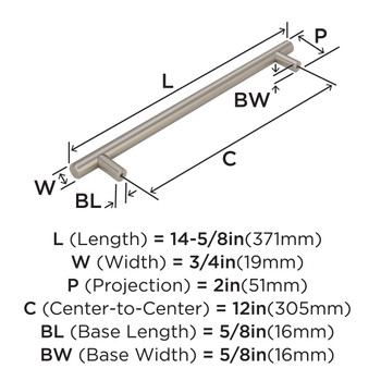 Amerock, Bar Pulls, 12" (305mm) Appliance Pull, Sterling Nickel - technical