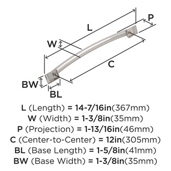 Amerock, Candler, 12" (305mm) Appliance Pull, Polished Nickel - technical