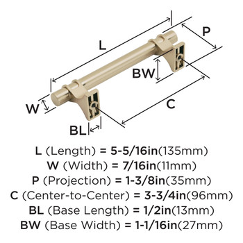 Amerock, Davenport, 3 3/4" (96mm) Bar Pull, Champagne Bronze - technical