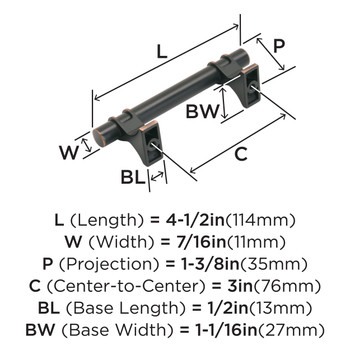 Amerock, Davenport, 3" (76mm) Bar Pull, Oil Rubbed Bronze - technical