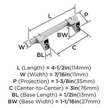 Amerock, Davenport, 3" (76mm) Bar Pull, Satin Nickel - technical