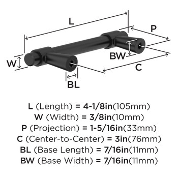 Amerock, Destine, 3" (76mm) Bar Pull, Matte Black- technical