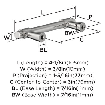 Amerock, Destine, 3" (76mm) Bar Pull, Polished Chrome - technical