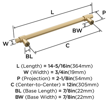 Amerock, Destine, 12" (305mm) Bar Appliance Pull, Champagne Bronze - technical