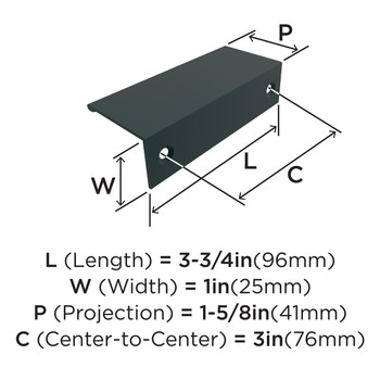 Amerock, Everyday Basics, Edge Pulls, 3" Tab Pull, Matte Black - technical