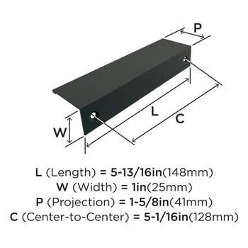 Amerock, Everyday Basics, Edge Pulls, 5 1/16" (128mm) Tab Pull, Matte Black - technical