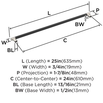 Amerock, Esquire, 24" Bar Appliance Pull, Polished Nickel / Black Bronze - technical