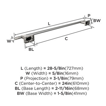 Amerock, Esquire, 24" Towel Bar, Polished Nickel / Stainless Steel - technical
