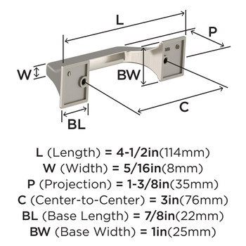 Amerock, Exceed, 3" (76mm) Straight Pull, Satin Nickel - technical