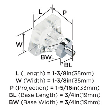 Amerock, Glacio, 1 3/8" (35mm) Square Knob, Clear with Polished Chrome - technical