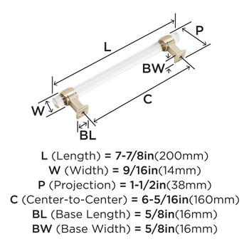 Amerock, Glacio, 6 5/16" (160mm) Bar Pull, Clear with Champagne Bronze - technical