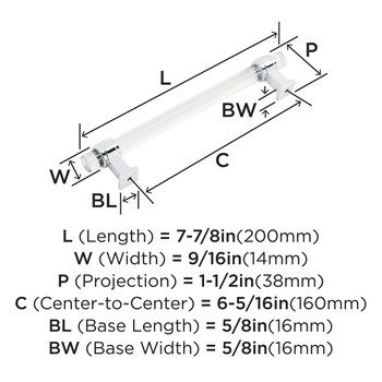 Amerock, Glacio, 6 5/16" (160mm) Bar Pull, Clear with Polished Chrome - technical