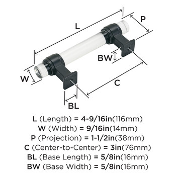 Amerock, Glacio, 3" (76mm) Bar Pull, Clear with Black Bronze - technical