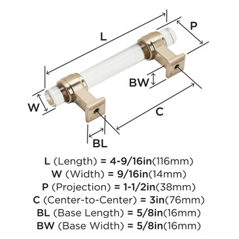 Amerock, Glacio, 3" (76mm) Bar Pull, Clear with Champagne Bronze - technical