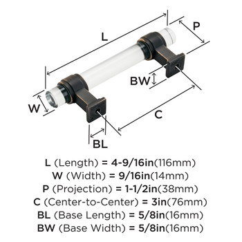 Amerock, Glacio, 3" (76mm) Bar Pull, Clear with Oil Rubbed Bronze - technical