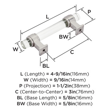 Amerock, Glacio, 3" (76mm) Bar Pull, Clear with Polished Nickel - technical