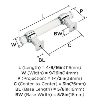 Amerock, Glacio, 3" (76mm) Bar Pull, Clear with Polished Chrome - technical