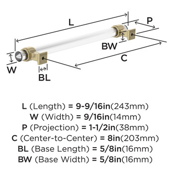 Amerock, Glacio, 8" (203mm) Bar Pull, Clear with Golden Champagne - technical