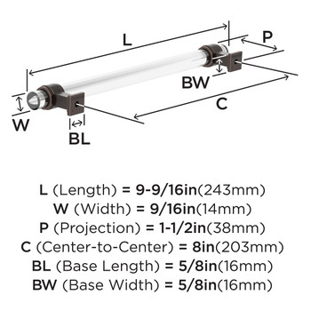 Amerock, Glacio, 8" (203mm) Bar Pull, Clear with Oil Rubbed Bronze - technical