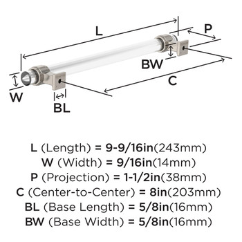 Amerock, Glacio, 8" (203mm) Bar Pull, Clear with Satin Nickel- technical