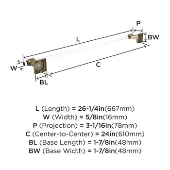 Amerock, Glacio, 24" Towel Bar, Clear with Golden Champagne - technical