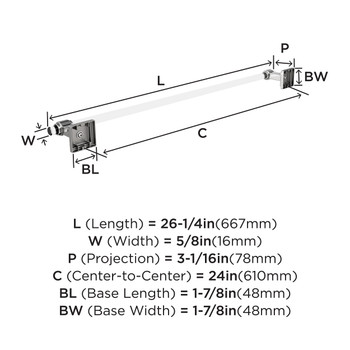 Amerock, Glacio, 24" Towel Bar, Clear with Polished Chrome - technical