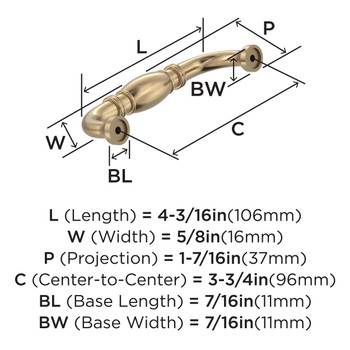 Amerock, Everyday Basics, Granby, 3 3/4" (96mm) Straight Pull, Champagne Bronze - technical