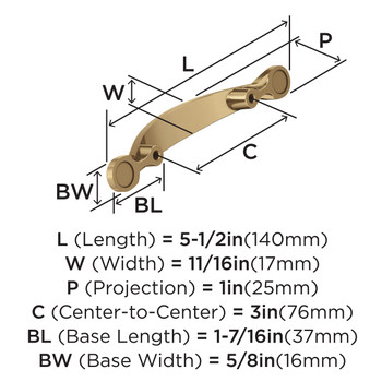 Amerock, Everyday Basics, Inspirations, 3" (76mm) Curved Pull, Champagne Bronze - technical