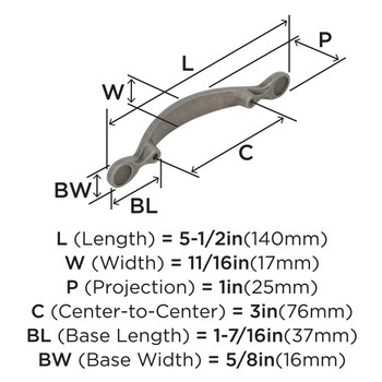 Amerock, Everyday Basics, Inspirations, 3" (76mm) Curved Pull, Weathered Nickel - technical