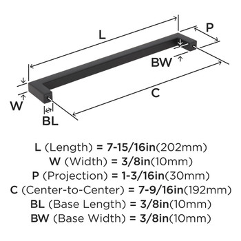 Amerock, Monument, 7 9/16" (192mm) Straight Pull, Matte Black - technical