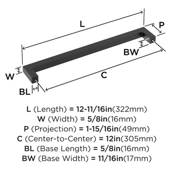 Amerock, Monument, 12" (305mm) Straight Pull, Matte Black - technical