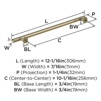 Amerock, Radius, 10 1/16" (256mm) Bar Pull, Golden Champagne - technical