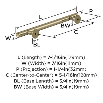 Amerock, Radius, 5 1/16" (128mm) Bar Pull, Golden Champagne - technical