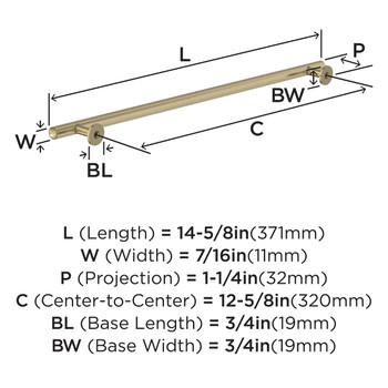 Amerock, Radius, 12 5/8" (320mm) Bar Pull, Golden Champagne - technical