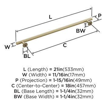 Amerock, Radius, 18" Bar Appliance Pull, Golden Champagne - technical