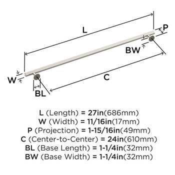 Amerock, Radius, 24" Bar Appliance Pull, Satin Nickel - technical