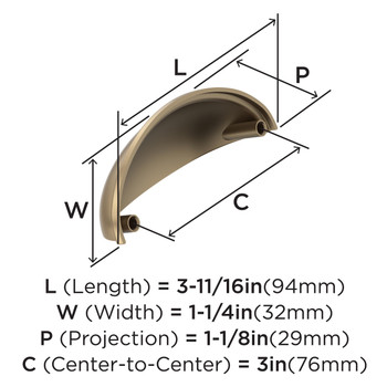 Amerock, Ravino, 3" Cup Pull, Champagne Bronze - technical