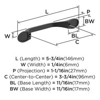 Amerock, Ravino, 3 3/4" (96mm) Curved Pull, Flat Black - technical
