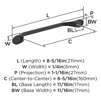 Amerock, Ravino, 6 5/16" (160mm) Curved Pull, Flat Black - technical