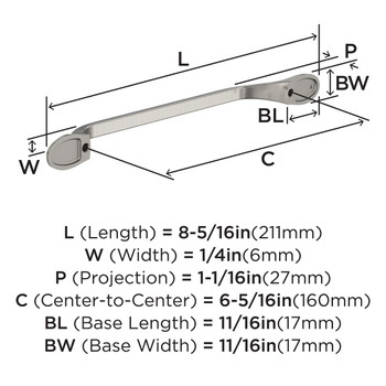 Amerock, Ravino, 6 5/16" (160mm) Curved Pull, Satin Nickel - technical